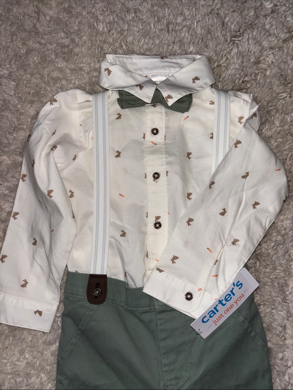 Carter's White Printed Shirt with Green Bow Tie and Light Blue Suspenders